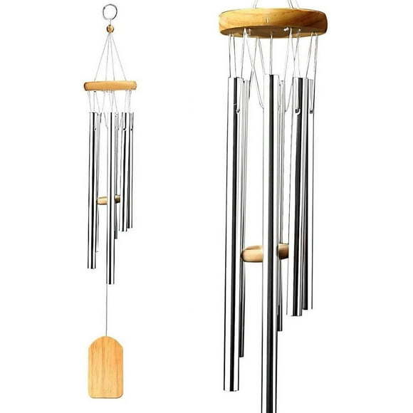 Cherry Finish Ash Wood Chimes, Silver Aluminum Tubes for Garden Decor, Pentatonic Scale Tuned Sounds, Lively Uplifting Energy for Outdoor Home Spaces
