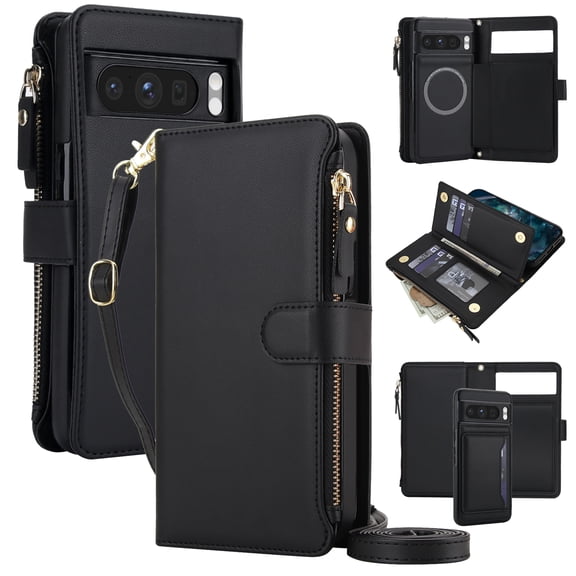 Decase for Google Pixel 8 Pro Crossbody Wallet Case with Detachable Magnetic Phone Cover,RFID Blocking Faux Leather Flip Folio Cover with Zipper Pocket and Strap,Black