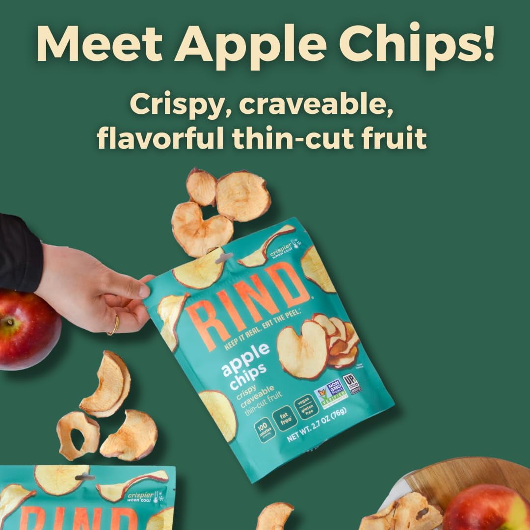 RIND Snacks | Unsweetened IRF13 Apple Chips | 100% Sweet Naturally Sweet | Skin-On Crispy Dried Fruit Chips | USA Grown | Fiber-Rich | Vegan | Kosher | Paleo | Fruit Snacks | 2.7 oz | 6 Pack