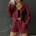 thumbnail image 5 of Usmixi 2 Piece Outfits for Women Front Zip Hooded Coat 2 Piece Sets Casual Solid Drawstring Elastic Waist Shorts Outfits Sets Sports Running Lounge Sets Tracksuits Sets with Pocket Holiday, 5 of 7