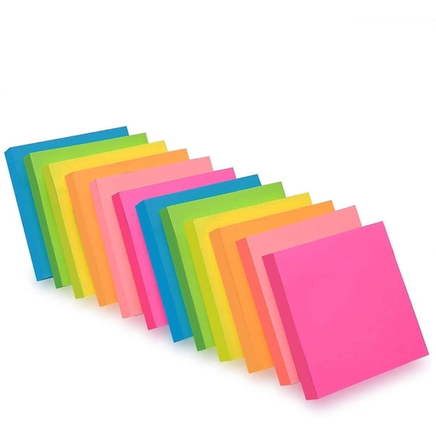 6 notas adhesivas de colores brillantes, 76 x 76 mm, 100 hojas/bloc, problema adhesivo mejorado, 12 blocs