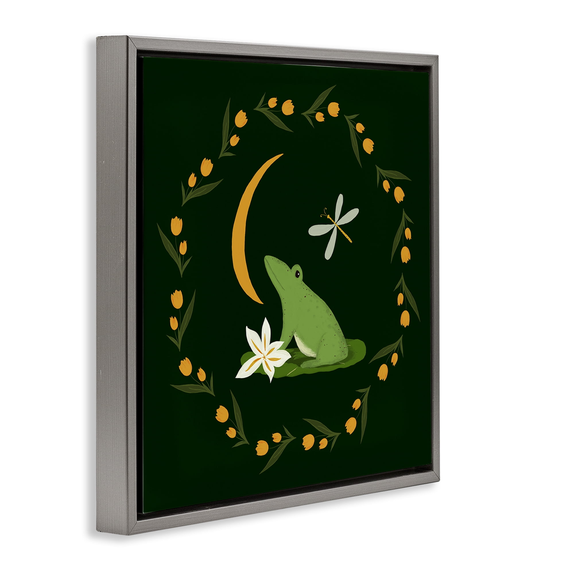 Stupell Industries Frog & Moon Garland Animals Painting Gray Floater Framed Canvas Art Print Wall Art, 25 x 25