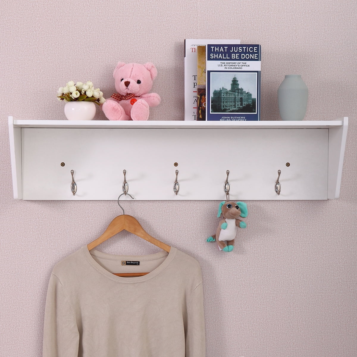 Kepooman 37" Wall Storage Shelf with Hooks, Wall Mount Shelf Rack Organizer for Living Room Hallway Entryway - White Kepooman 37" Wall Storage Shelf with Hooks, Wall Mount Shelf Rack Organizer for Living Room Hallway Entryway - White