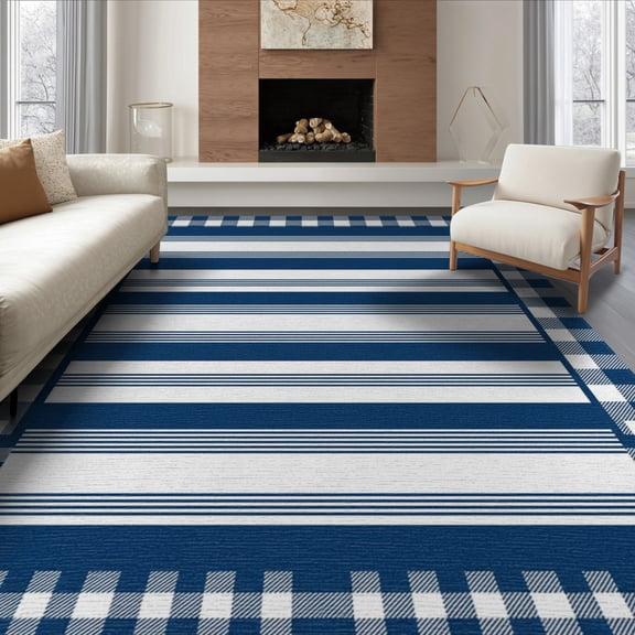 ODIKA 8'x10' Washable Area Rug Durable, Non-Slip Gingham Crisp Edged Rectangular Striped Bands Stripes Nautical for Living Room, Under Sectional, Family
