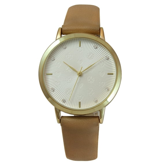 Time & Tru Ladies 34mm Gold Tone Etched Dial Adjustable Brown Strap Watch