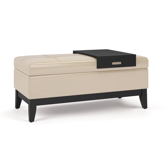Oregon 42 inch Wide Storage Ottoman Bench with Tray in Satin Cream Vegan Leather