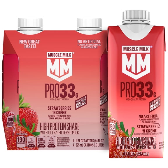 Muscle Milk 26g High Protein Shake, Strawberries N' Creme, Ultra- Filtered Milk 11 fl oz, 4 pack