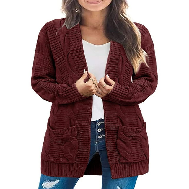 Women Cable Knitted Cardigan Outwear Solid Color Long Sleeve Open Front Sweater Jacket with Pockets