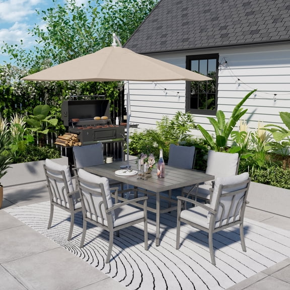 HAPPATIO 7-Piece Outdoor Dining Set - All Aluminum Patio Table and Chairs Set for 6cludes 1 Rectangular Dining Table and 6 Dining Chairs with Cushions, Patio Dining Set for Lawn, Garden, Backyard