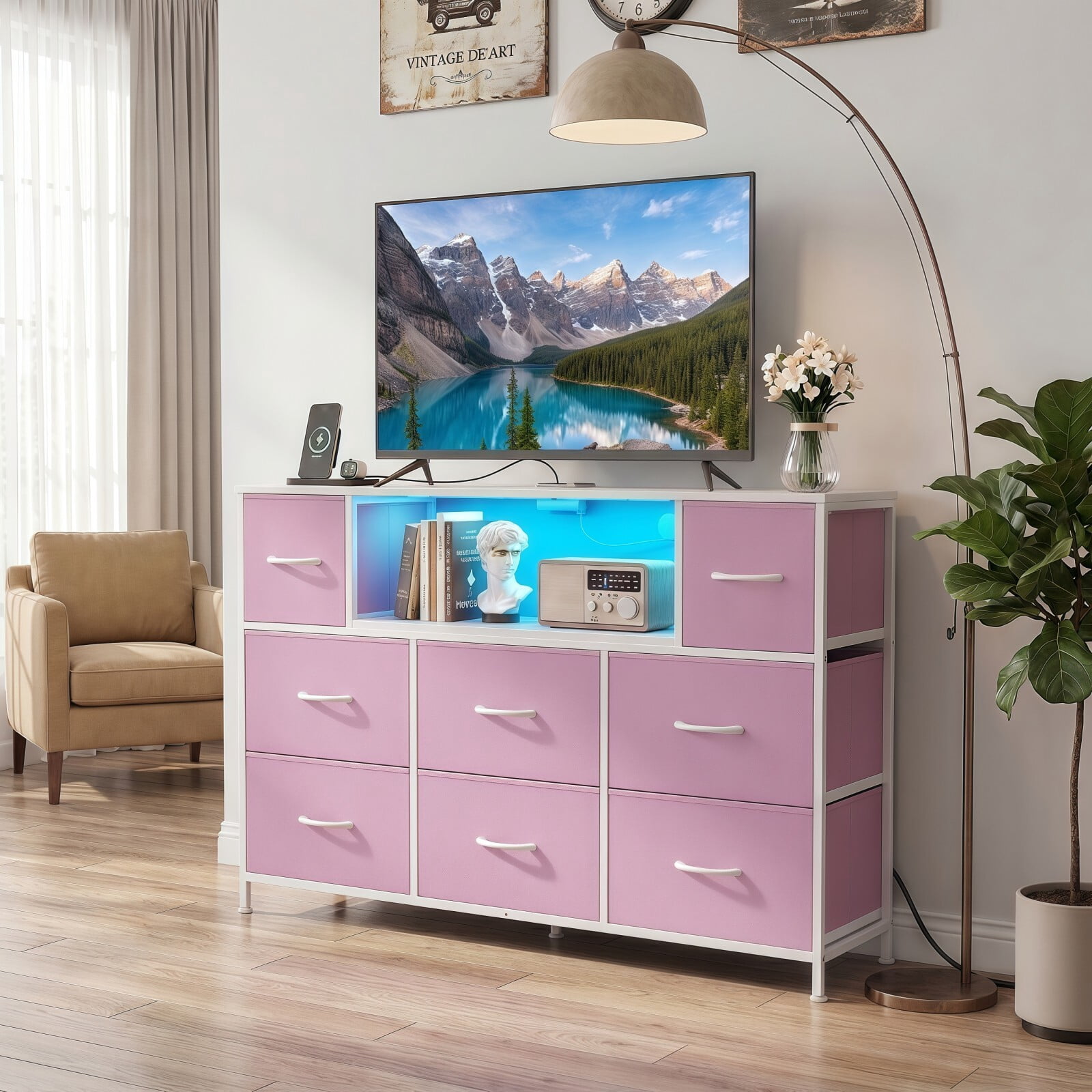BEAUTYPEAK TV Stand Dresser with 8 Fabric Drawers LED Light Open Shelf AC & USB-C Charging Station, Pink