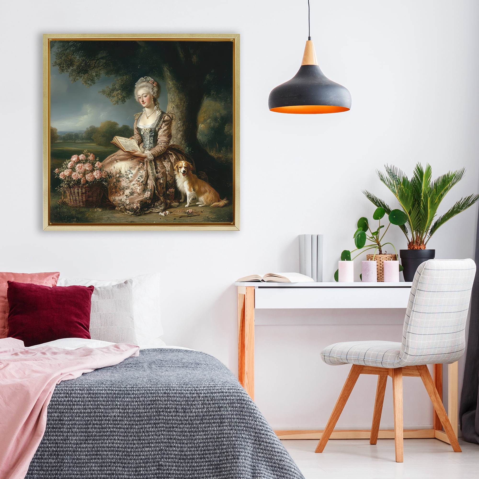 Stupell Industries Rococo Woman with Dog Gold Framed Floater Canvas Wall Art, design by The Wands Want