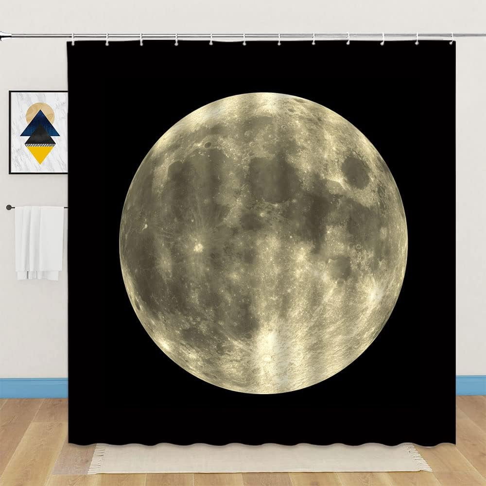 Full Moon Shower Curtain Mysterious Gray Planet Black Background Bathroom Decor Fabric Curtains with Hook 35Wx70H Inches