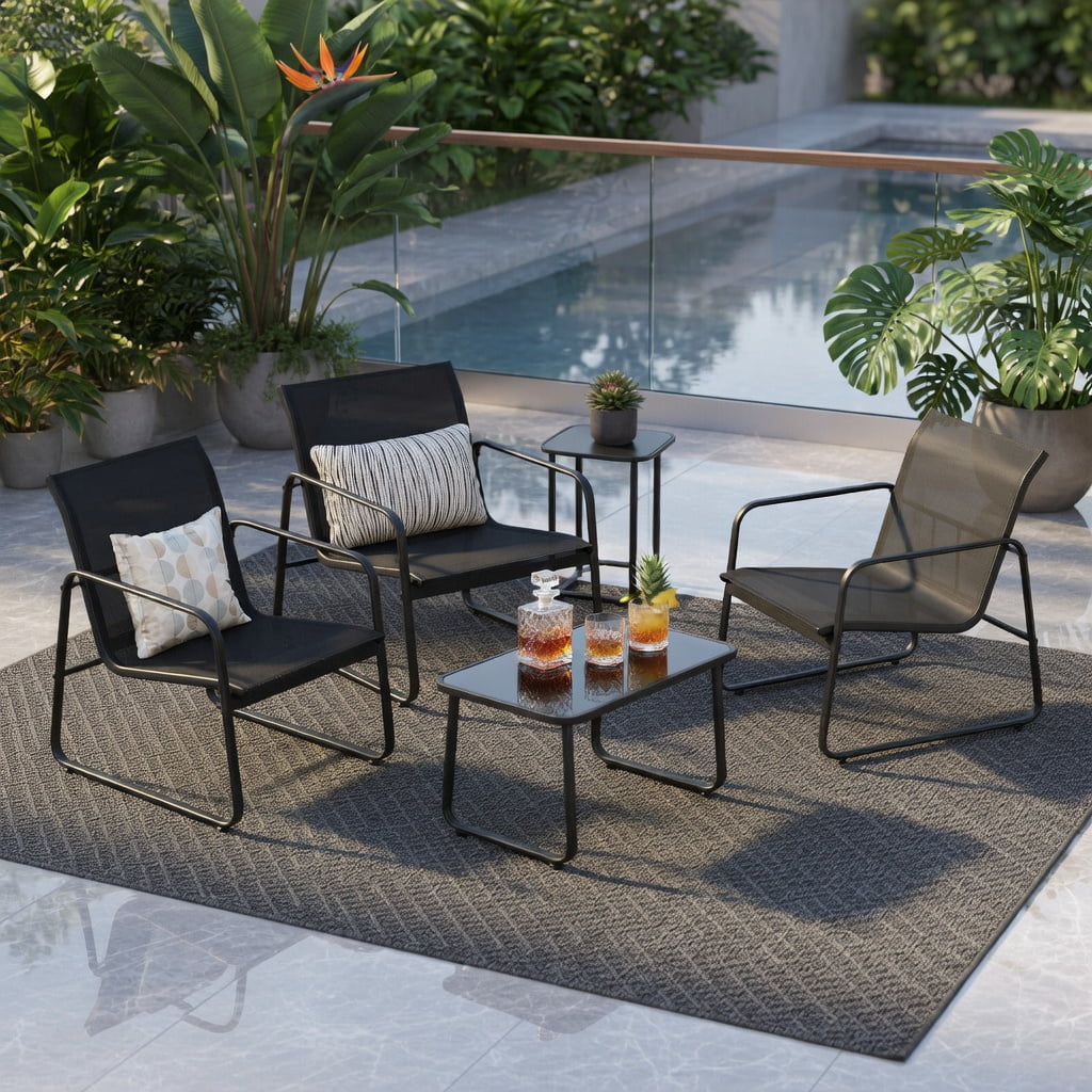 Hommoo 4-Piece Outdoor Patio Conversation Set with Tempered Glass Coffee Table, Metal Frame Loveseat & Armchairs for Backyard, Garden, or Deck, Black