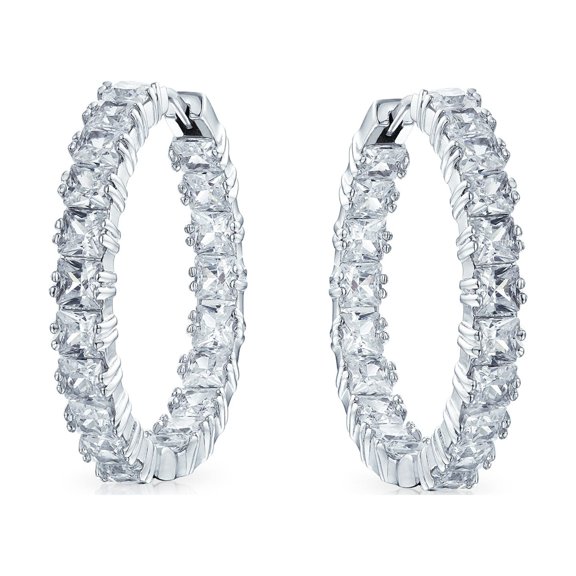Bling Jewelry Womens Princess Cut CZ Inside Out Cocktail Hoop Earrings 1.25 Inch Silver Plated