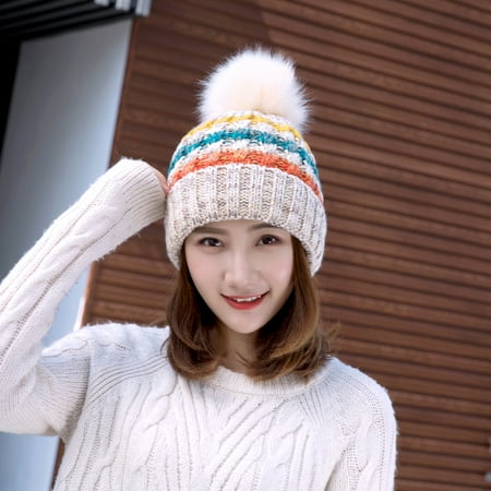 - Fall and Winter Woman Plush Outdoor Furry Ball Warm Knitted Cap - Beige