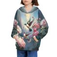 thumbnail image 3 of Xoenoiee Pullover Girls Hoodies Floral Hummingbird Peony Print Long Sleeve Sweatshirt Loose Top Clothing Sportwear with Kangaroo Pocket for Kids Hiking, Shopping, Walking, L, 3 of 7