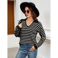 thumbnail image 3 of Womens Sweaters 2025 V Neck Long Sleeve Striped Tops Fall Winter Comfy Knit Clothes Pullover Sweater Black & White XL, 3 of 7