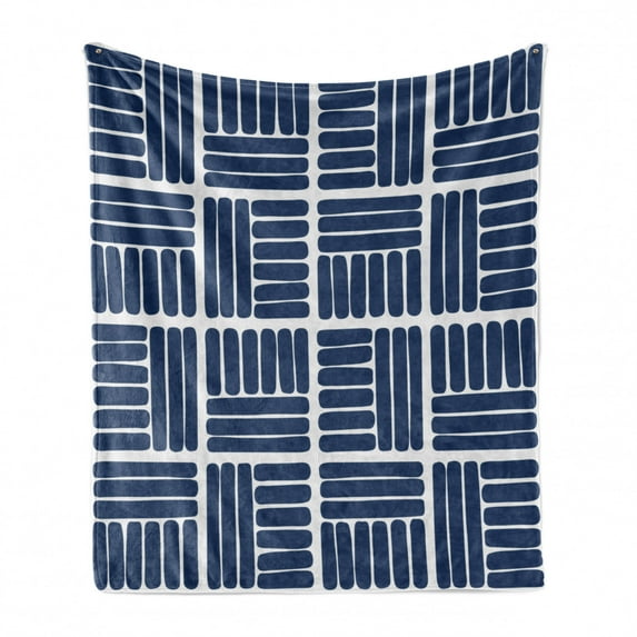 Geometric Soft Flannel Fleece Throw Blanket, Modern Stripes in Squares Shape Geometrical Minimalist Design Print, Cozy Plush for Indoor and Outdoor Use, 50" x 60", Night Blue and White, by Ambesonne