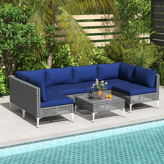 Costway 7 Piece Outdoor Furniture Set with Seat & Back Cushions Tempered Glass Coffee Table Navy