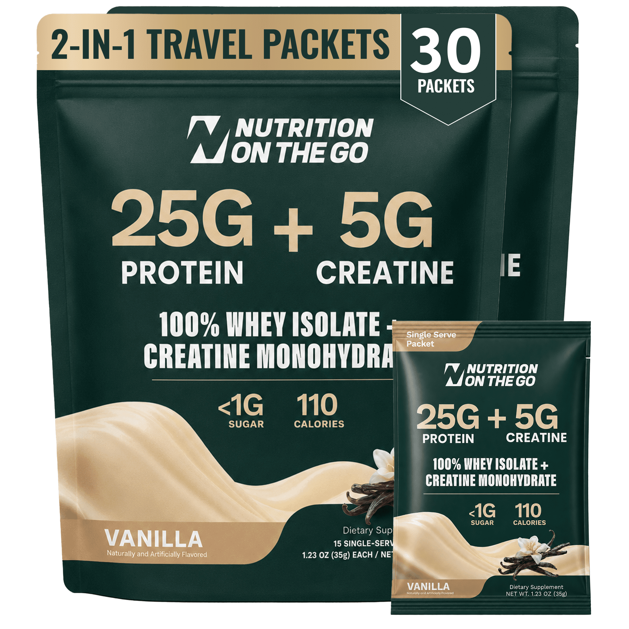 Nutrition On The Go Whey Protein Isolate + Creatine Travel Packets, Vanilla, 30 Count