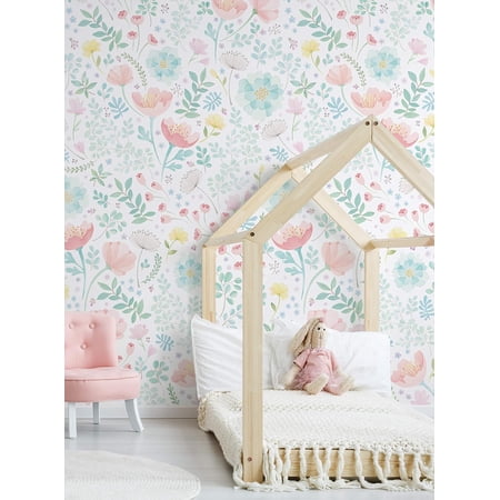 Whimsy Mural Wall Art Wallpaper - Peel And Stick (2 Sheet Pack (2X8 Feet), Coral Mint)