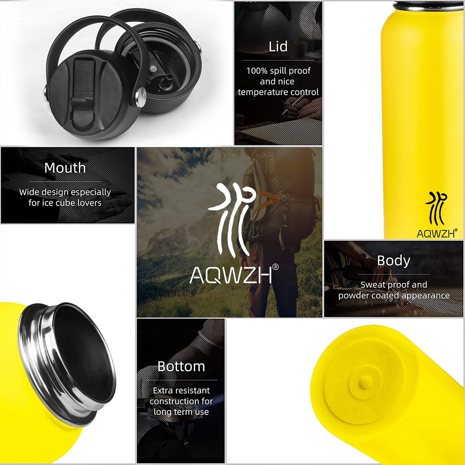 AQwzh 32 oz Yellow Stainless Steel Water Bottle with Wide mouth, Straw, and Lid