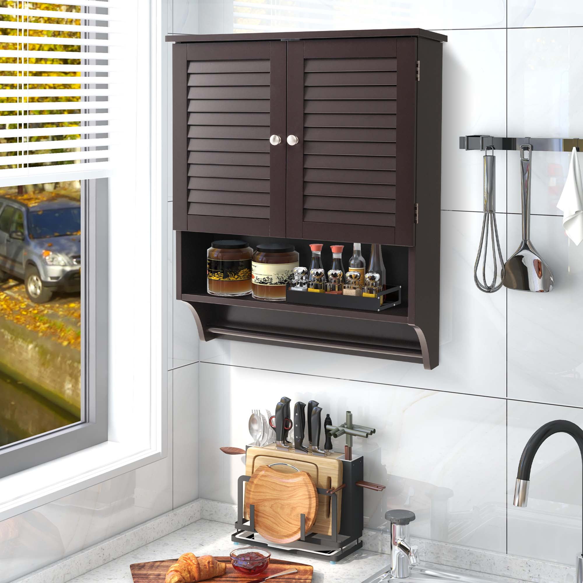 Costway Bathroom Wall Mounted Medicine Cabinet with Louvered Doors & Towel Bar Espresso