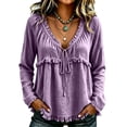 thumbnail image 2 of longantii Boho Tops For Women Vintage V Neck Long Sleeve Shirts Frayed Raw Hem Gauze Blouses Relaxed Empire Waist Beach Vacation Outfit Purple XL, 2 of 6