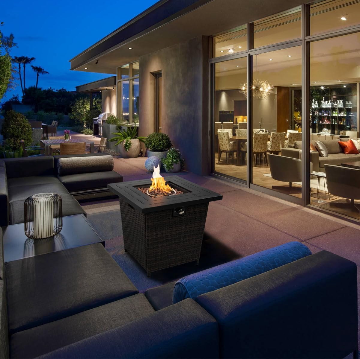 AJ Enjoy 28'' Propane Fire Pit Table, 50,000 BTU Fire Table with Brown Wicker, Laval Rocks, Inclined Leg Design.