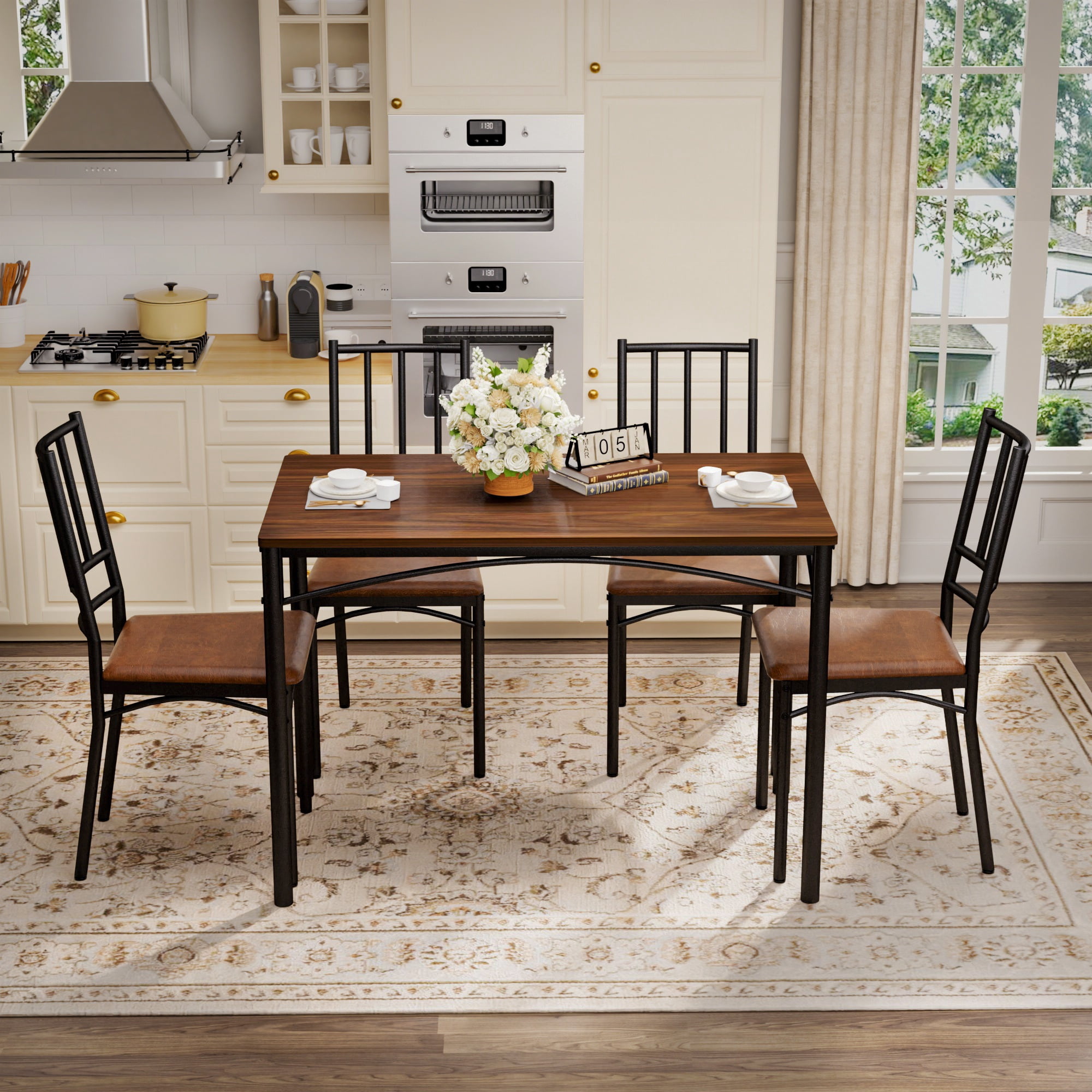 PORKISS 5-Piece Small Space Dining Set, 1 Table and 4 Chairs, Wood and Steel, Dining Table Set for 4 with Comfortable PU Seats, Walnut+Black