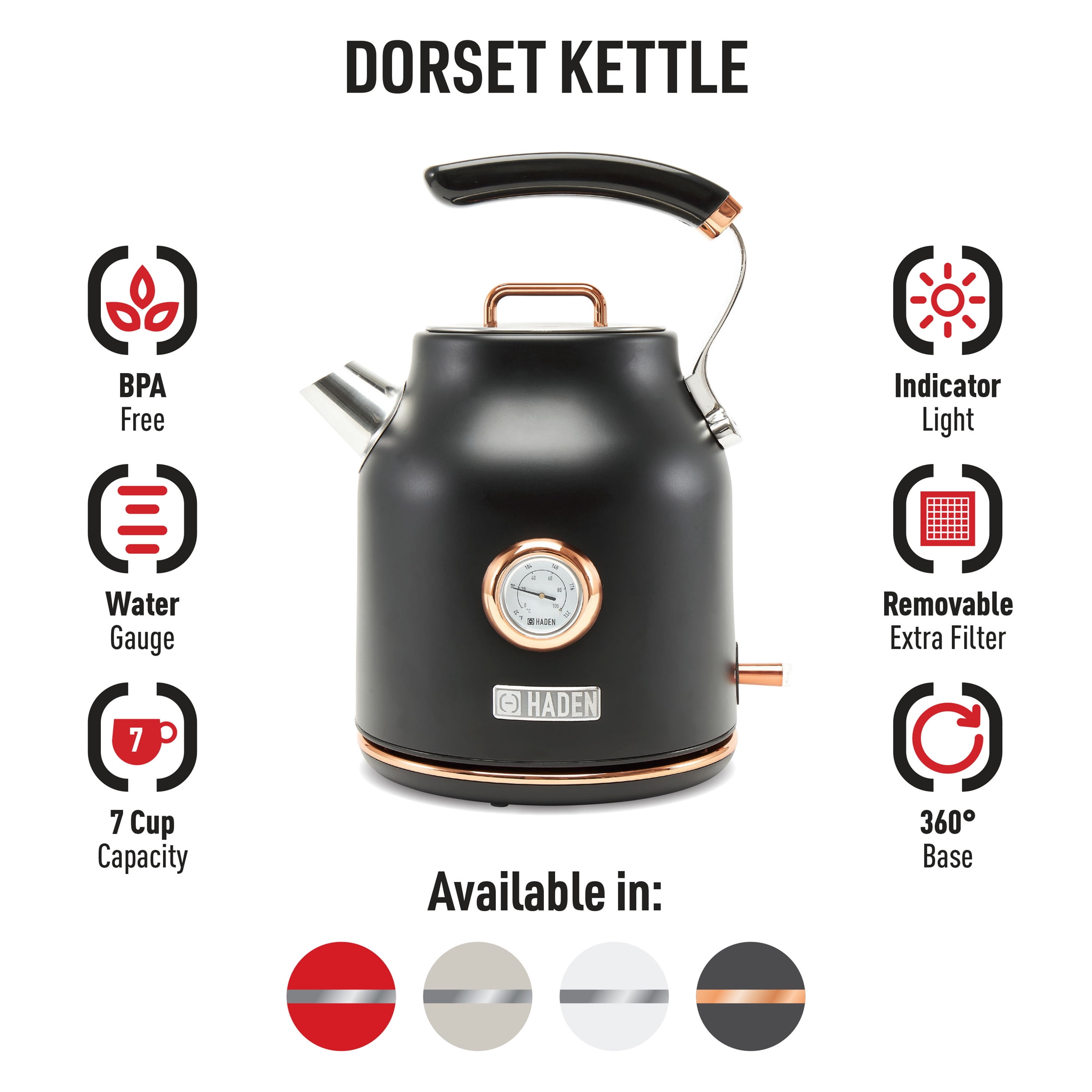 Haden 75041 Heritage 1.7 Liter (7 Cup) Stainless Steel Electric Kettle with  Auto Shut-Off and Boil Dry Protection, Black/Copper