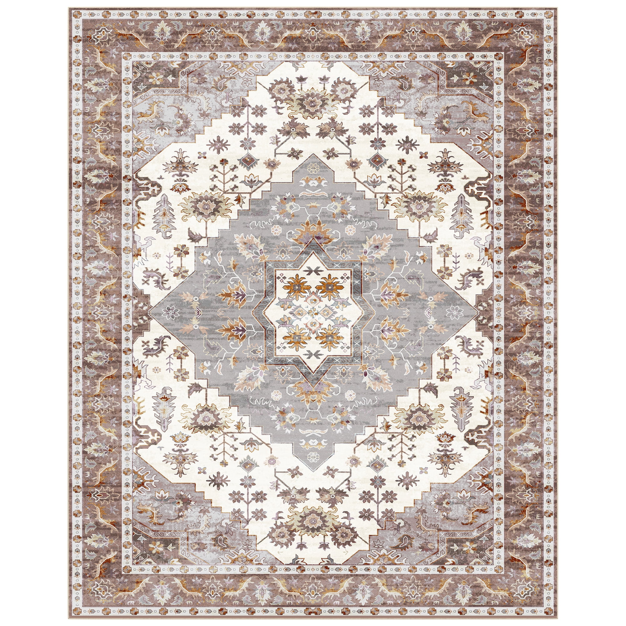 Nefoso 8ft x 10ft Vintage Area Rugs, Washable Area Rugs for Living Room Bedroom Kitchen Home Decor, Non-Slip Carpet, Brown & Beige