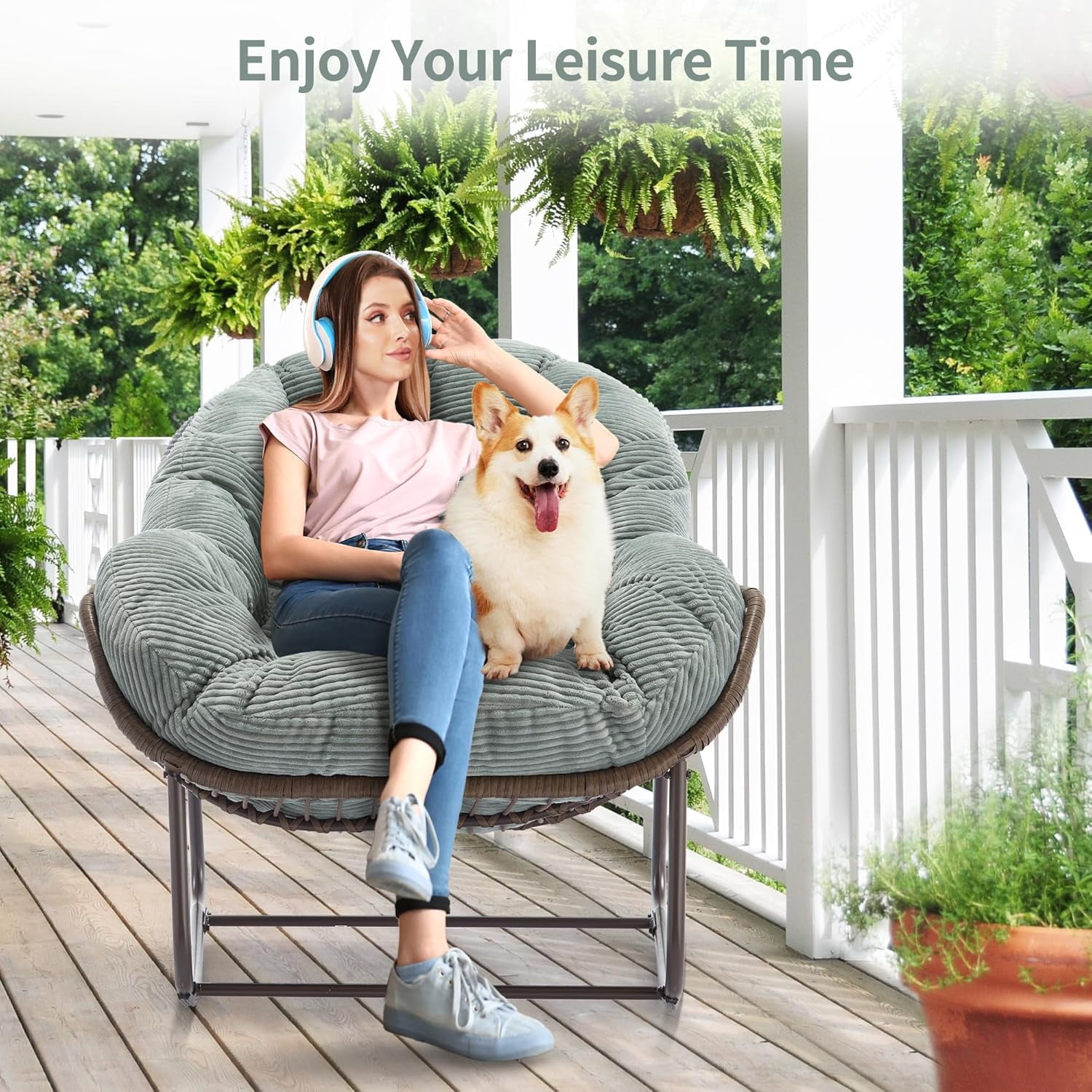 MOONMISS Outdoor Patio Rattan Oversized Rocking Chairs Set of 2 with Corduroy Padded Cushion-Mint Green