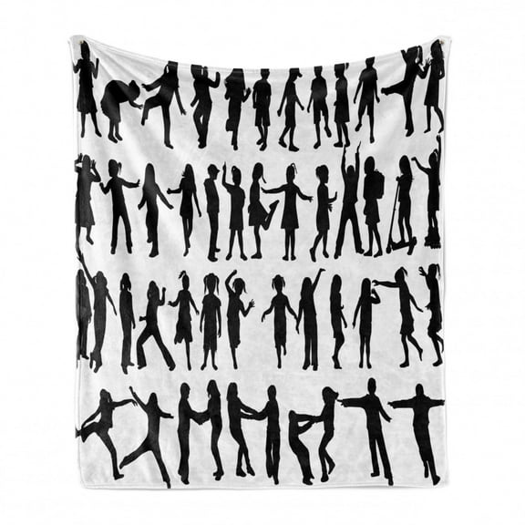Silhouette Soft Flannel Fleece Blanket, Funny Dance Class Children in Different Poses Monochrome Illustration, Cozy Plush for Indoor and Outdoor Use, 70" x 90", Charcoal Grey White, by Ambesonne