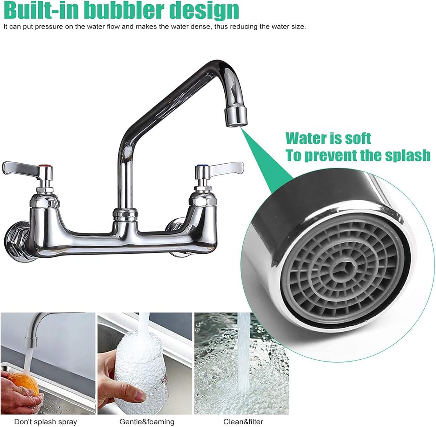 Chrome Commercial Sink Faucet with 8” Swivel Spout 8" Center Wall Mount Kitchen Faucet, Dual Handles Brass Utility Sink Faucet for Laundry Room Restaurant