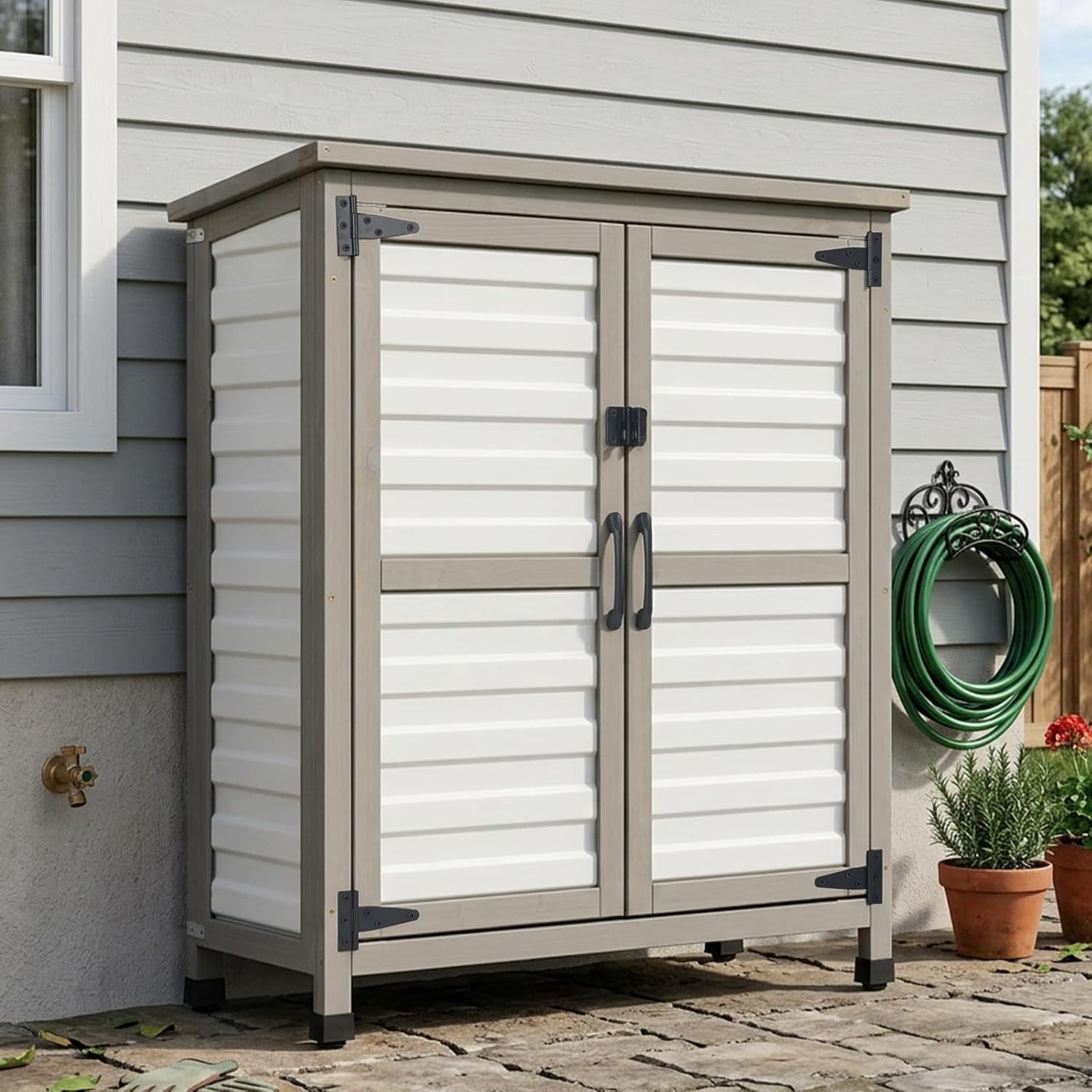 PETSCOSSET Outdoor Storage Cabinet with Adjustable Shelf & Lockable Doors, Weatherproof Patio Garden Shed with Leveling Feet for Tool & Pool Storage Review