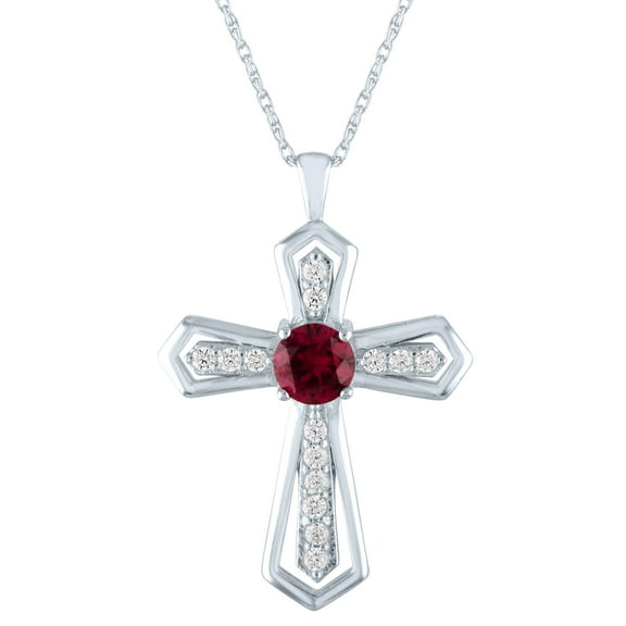 Brilliance Simulated Ruby and CZ Sterling Silver Cross Pendant, 18"
