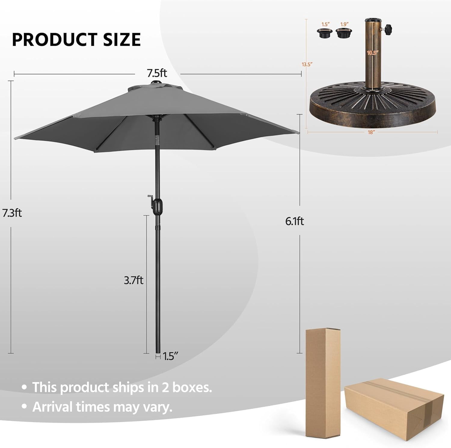 Librala Grace 7.5FT Patio Umbrella Outdoor with Heavy Duty Base Included,Table Umbrella with Push Button Tilt and Crank, UV Protection Waterproof for Yard/Outdoor/Wedding Parties and Events - Gray