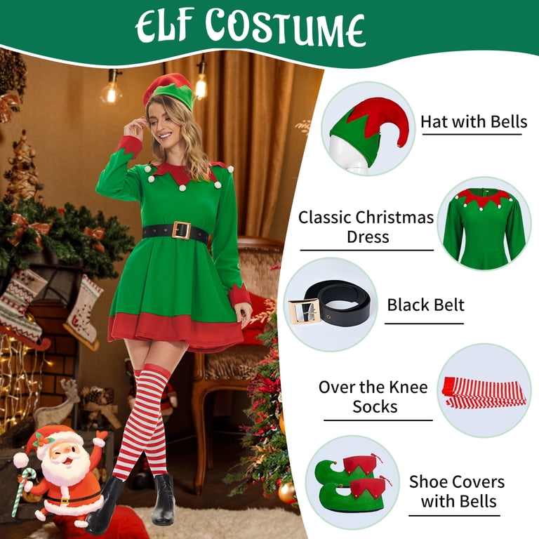 Elf Costume Christmas Fancy Dress - Santa's Helper Adult/Child XS To XXXXL
