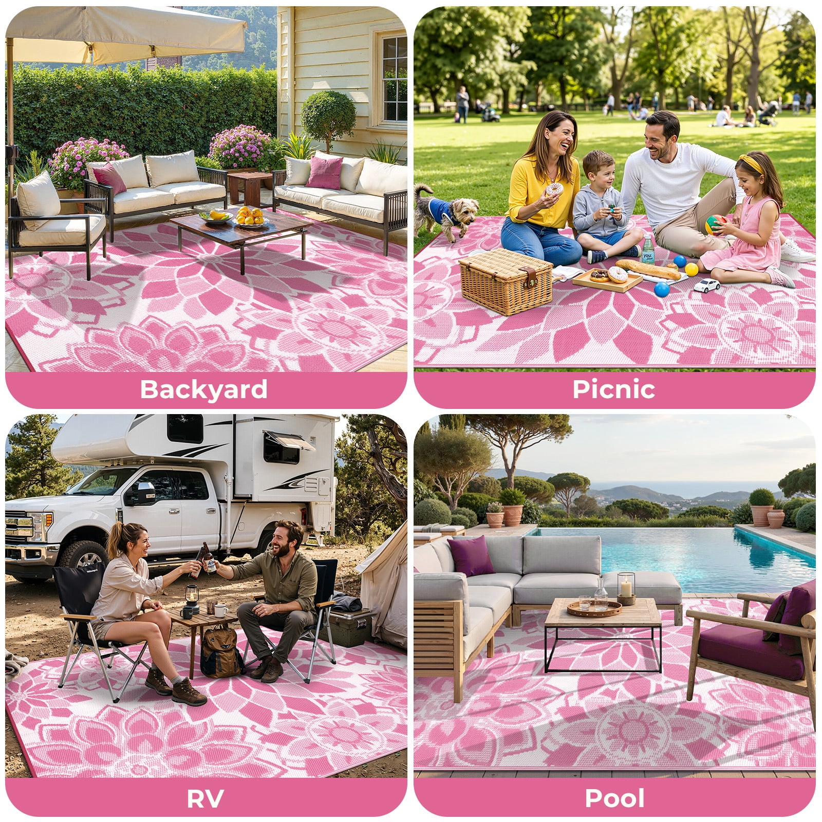 Findosom Outdoor Rug 6'x9' Reversible Waterproof Outdoor Patio Rug Mat Plastic Straw Rug Outdoor Area Rug Patio Camping Rug for RV Picnic Balcony Backyard Beach Outdoor Decor,Pink