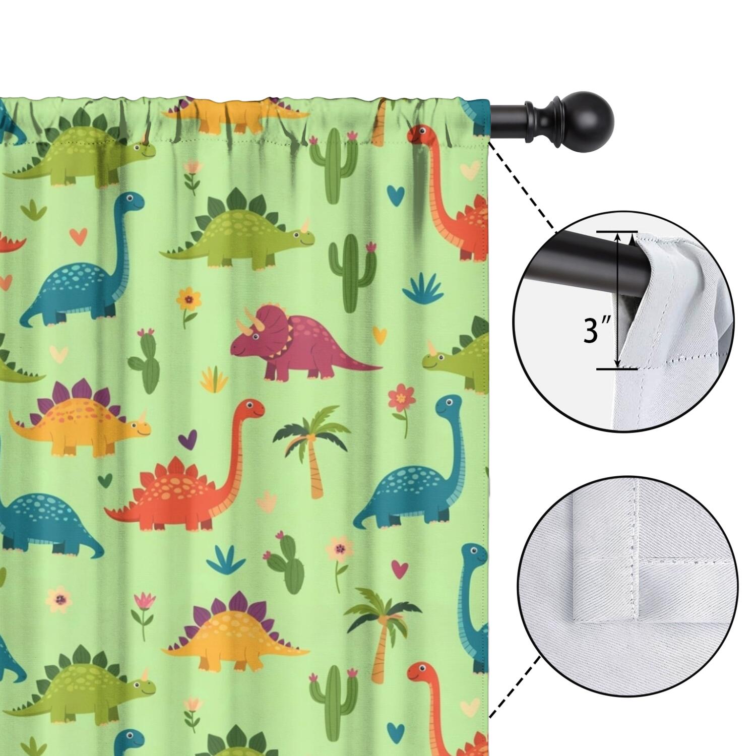 Blackout Kids Curtains,Green Dinosaurs Cacti Hearts Childrens Insulated Curtains Set Of 2,Bedroom Essentials,Toddler Room Decor 52"x63"