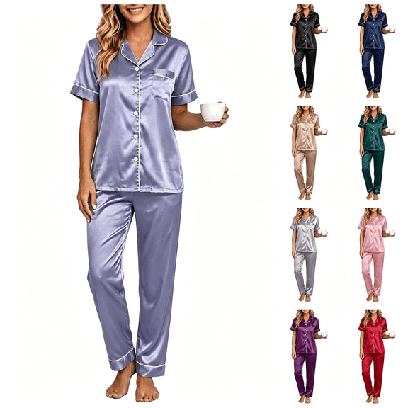 POROPL Pajamas for Women,Silk Satin Short Sleeve Sleepwear with Button Down Top and Pants Sizes M-5X