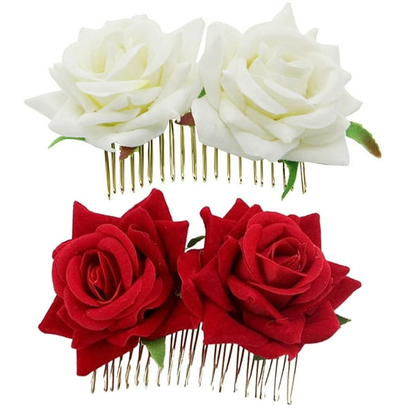 2Pcs Bridal Hair Bun Clips Fabric Rose Flower Hair Combs Wedding Hair Styling Tool