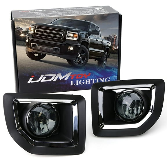 Complete Set Smoked Lens Fog Lights Foglamp Kit with Halogen Bulbs, Wiring On/Off Switch and Black Garnish Bezel Covers/Brackets For 2015-2019 GMC Sierra 2500HD 3500HD
