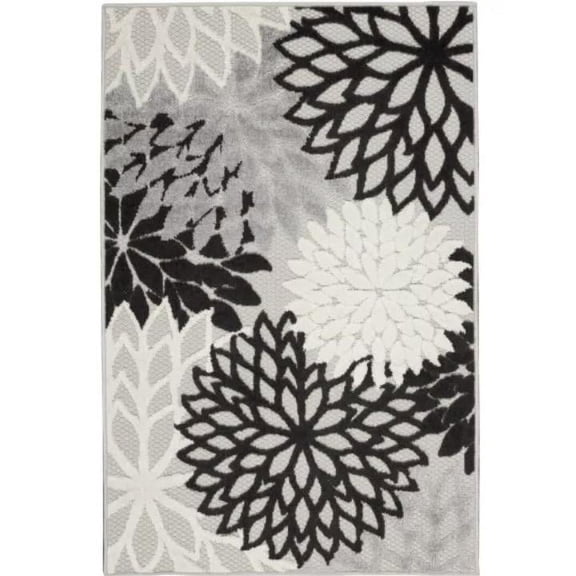 9' X 12' Black And White Floral Non Skid Indoor Outdoor Area Rug