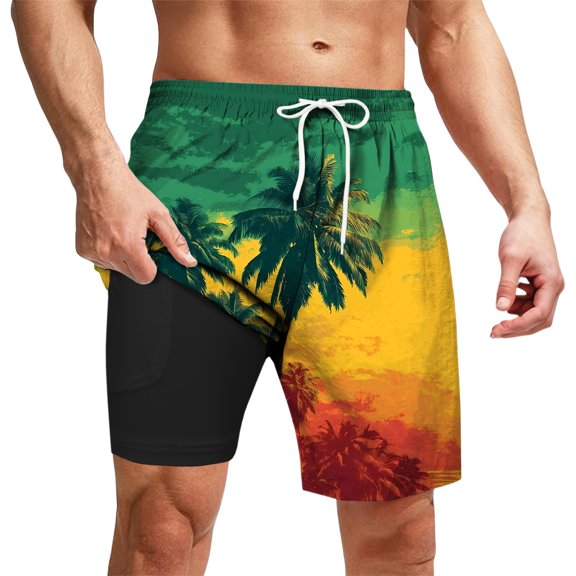 CHENge Swim Trunks with Compression Liner Casual Retro Palm Tree Print Quick Dry Beach Swimming Shorts with Compression Liner Stretch Fabric Beach Wear