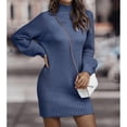 thumbnail image 2 of Vestido suéter ajustado Manga larga linterna Cuello alto Color puro Mini vestido suéter acanalado para mujer Azul M, 2 of 6