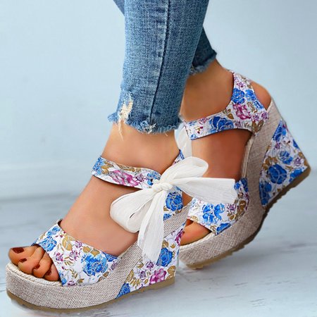 

〖Yilirongyumm〗 Blue 40 Sandals Women Print Sandals Mouth Platform Fashion Wedge Ladies Fish Sandals Flower Cloth Women s Sandals