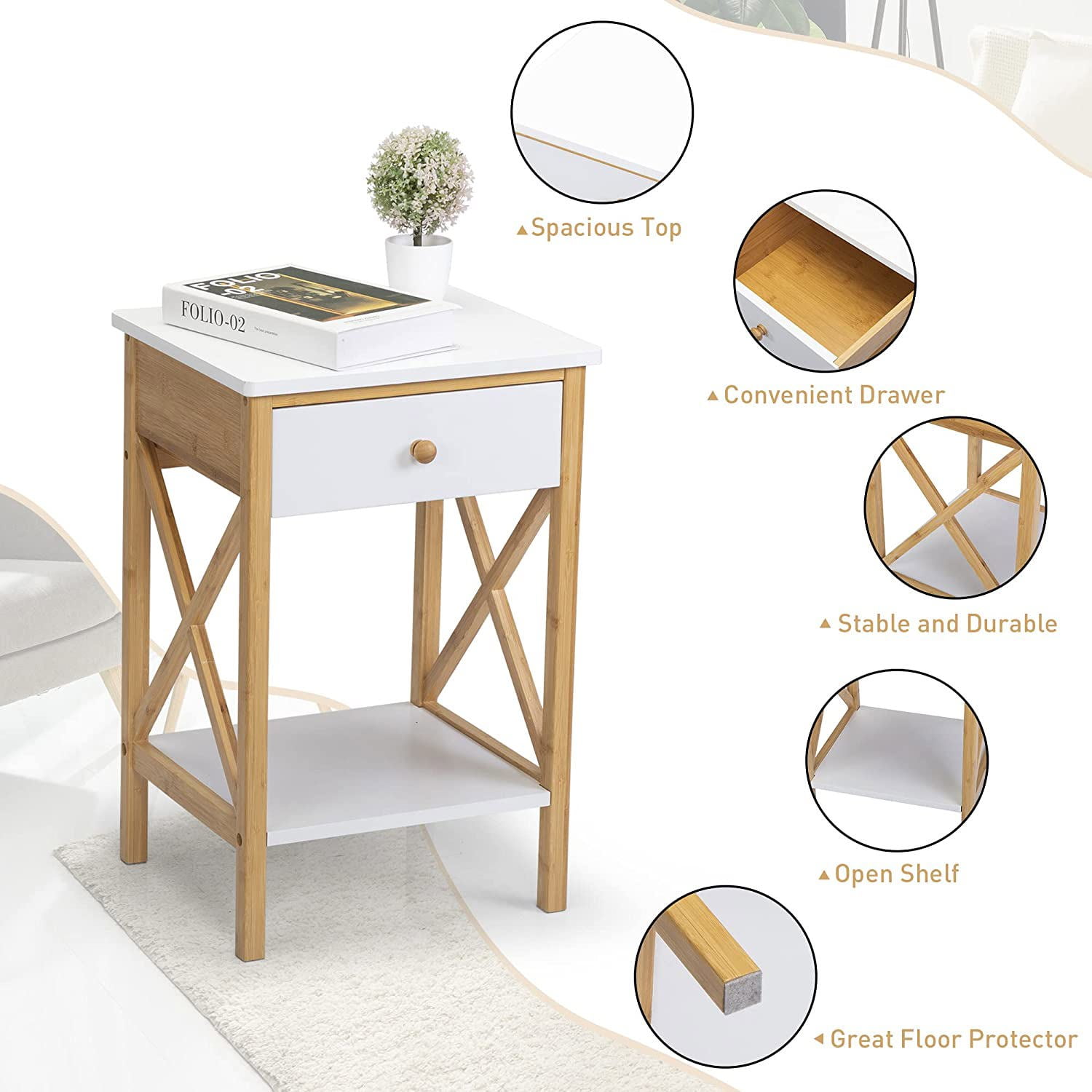 Private Jungle Single Modern Bamboo Nightstand,2-Tier Bed Sofa Side Table with Drawer and X-Side Shelf,White + Natural