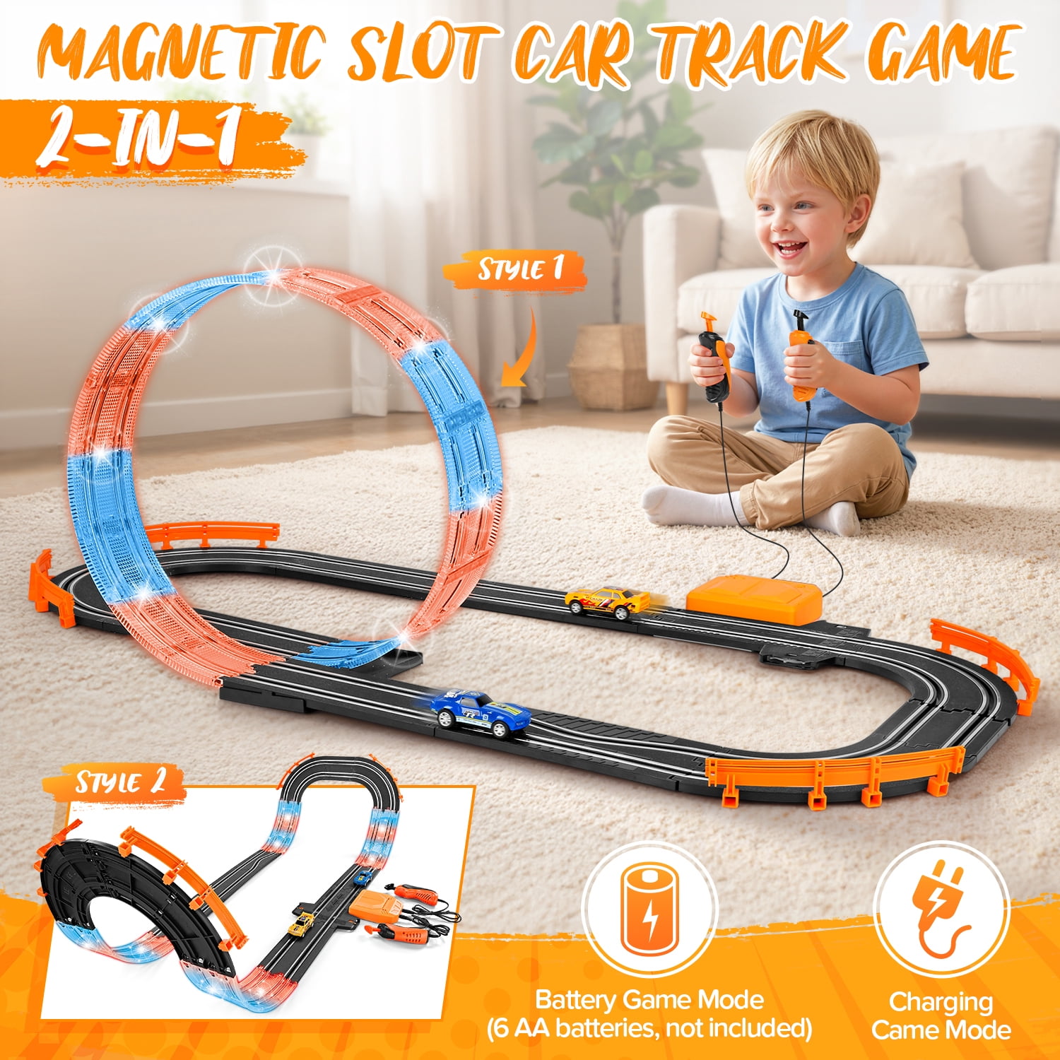 UQN 2-in-1 Slot Car Race Track Set, Electric Race Track for Kids 4-8 with 1:64 High-Speed Racing Car, Dual Racing Game Lap Counter Circular Overpass Flash Tracks, Gifts Toys for Boys Kids age 6-8-12